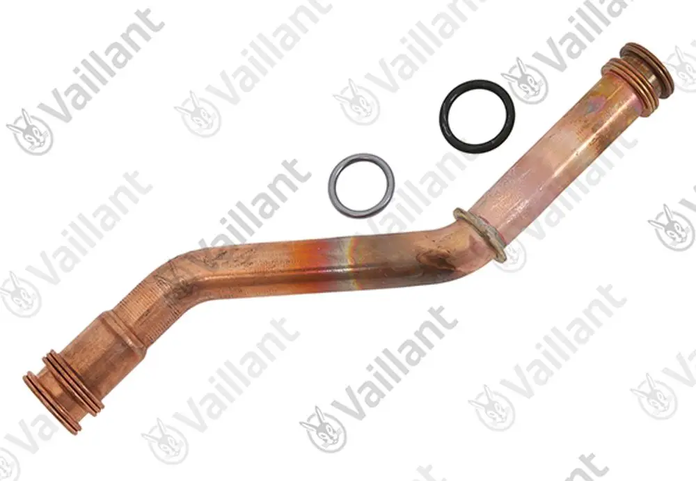 Kupferrohr von Vaillant, gebogen, mit zwei O-Ringen und einem Gummiring. Einsatz in Heizungs- oder Warmwassersystemen.